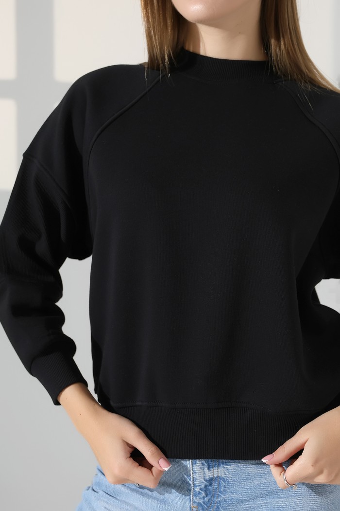 21970 KADIN 3 İP PENYE KOMPAKT ŞARDONLU REGLAN KOL KOLLARI KAŞGORE PARÇALI DİK  BİSİKLET YAKA SWEATSHIRT