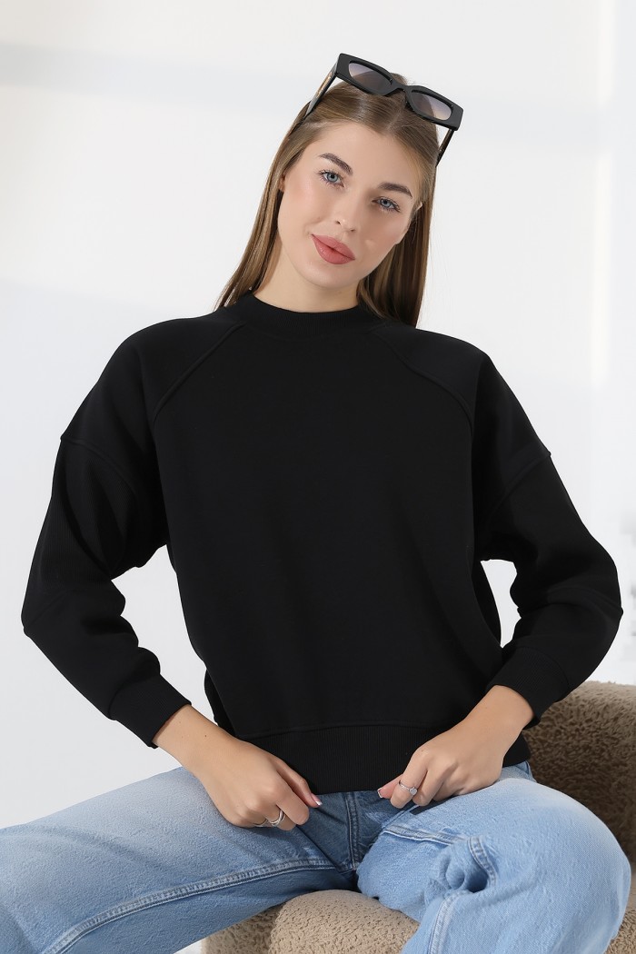 21970 KADIN 3 İP PENYE KOMPAKT ŞARDONLU REGLAN KOL KOLLARI KAŞGORE PARÇALI DİK  BİSİKLET YAKA SWEATSHIRT