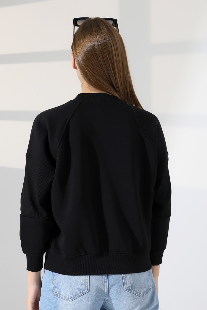 21970 KADIN 3 İP PENYE KOMPAKT ŞARDONLU REGLAN KOL KOLLARI KAŞGORE PARÇALI DİK  BİSİKLET YAKA SWEATSHIRT