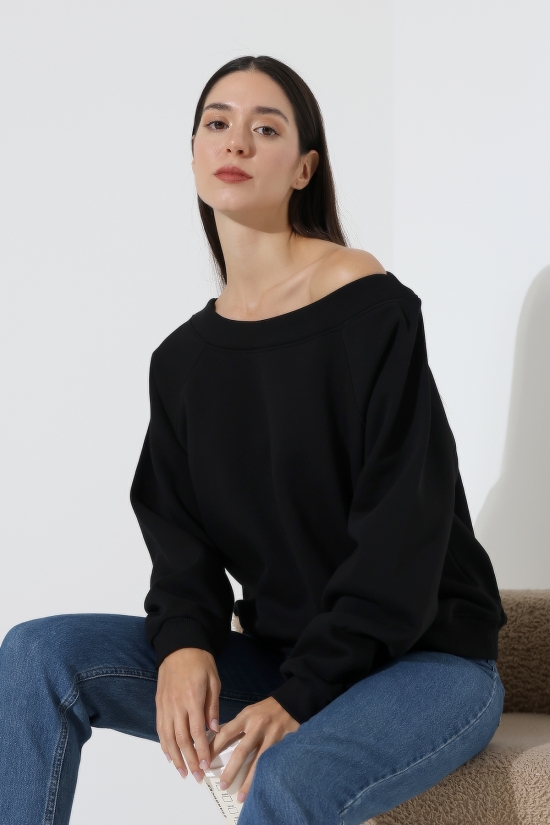 22278 KADIN 3 İP ŞARDONLU OMUZ DÜŞÜM KAYIK YAKA SWETSHIRT