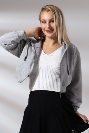 21390 KADIN ŞARD.2 İP KEMİK FERMUARLI KAPŞONLU GENİŞ SALAŞ KISA MONT  SWETSHIRT