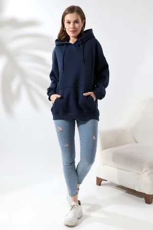 21615 KADIN 3 İP PENYE KOMPAKT ŞARDONLU SALAŞ OVERSİZE KAPŞONLU KANGURU CEPLİ SWEATSHIRT