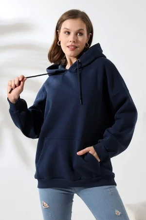 21615 KADIN 3 İP PENYE KOMPAKT ŞARDONLU SALAŞ OVERSİZE KAPŞONLU KANGURU CEPLİ SWEATSHIRT