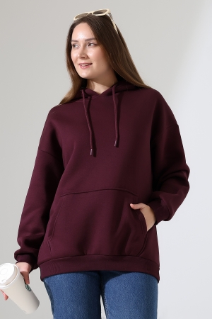 21615 KADIN 3 İP PENYE KOMPAKT ŞARDONLU SALAŞ OVERSİZE KAPŞONLU KANGURU CEPLİ SWEATSHIRT