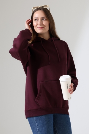 21615 KADIN 3 İP PENYE KOMPAKT ŞARDONLU SALAŞ OVERSİZE KAPŞONLU KANGURU CEPLİ SWEATSHIRT