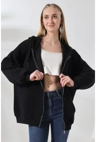 21618 KADIN 3 İP PENYE KOMPAKT  ŞARDONLU METAL FERMUARLI SALAŞ OVERSİZE KAPŞONLU KANGURU CEPLİ SWEATSHIRT