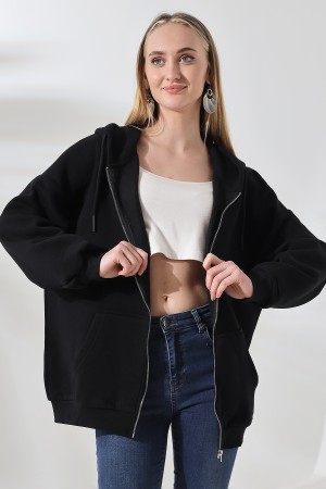 21618 KADIN 3 İP PENYE KOMPAKT  ŞARDONLU METAL FERMUARLI SALAŞ OVERSİZE KAPŞONLU KANGURU CEPLİ SWEATSHIRT