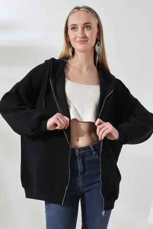 21618 KADIN 3 İP PENYE KOMPAKT  ŞARDONLU METAL FERMUARLI SALAŞ OVERSİZE KAPŞONLU KANGURU CEPLİ SWEATSHIRT