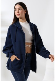 21618 KADIN 3 İP PENYE KOMPAKT  ŞARDONLU METAL FERMUARLI SALAŞ OVERSİZE KAPŞONLU KANGURU CEPLİ SWEATSHIRT