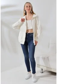 21618 KADIN 3 İP PENYE KOMPAKT  ŞARDONLU METAL FERMUARLI SALAŞ OVERSİZE KAPŞONLU KANGURU CEPLİ SWEATSHIRT