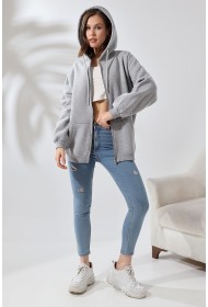 21618 KADIN 3 İP PENYE KOMPAKT  ŞARDONLU METAL FERMUARLI SALAŞ OVERSİZE KAPŞONLU KANGURU CEPLİ SWEATSHIRT