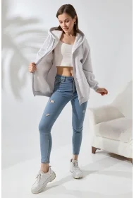 21618 KADIN 3 İP PENYE KOMPAKT  ŞARDONLU METAL FERMUARLI SALAŞ OVERSİZE KAPŞONLU KANGURU CEPLİ SWEATSHIRT