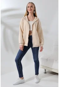 21618 KADIN 3 İP PENYE KOMPAKT  ŞARDONLU METAL FERMUARLI SALAŞ OVERSİZE KAPŞONLU KANGURU CEPLİ SWEATSHIRT
