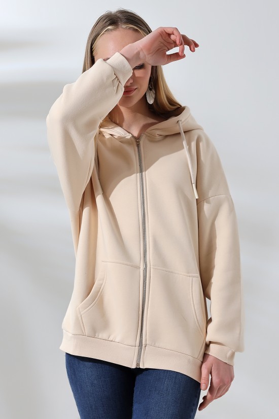 21618 KADIN 3 İP PENYE COMPACK  ŞARDONLU METAL FERMUARLI SALAŞ OVERSİZE KAPŞONLU KANGURU CEPLİ SWETSHIRT