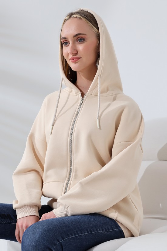 21618 KADIN 3 İP PENYE COMPACK  ŞARDONLU METAL FERMUARLI SALAŞ OVERSİZE KAPŞONLU KANGURU CEPLİ SWETSHIRT