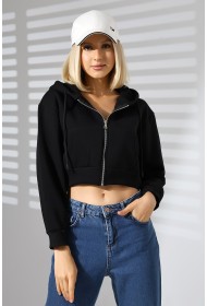 21652 KADIN 3 İP PENYE COMP. ŞARD. METAL FERMUARLI KAPŞONLU KANG CEPLİ GENİŞ SALAŞ KISA METAL FERM  SWEATSHIRT