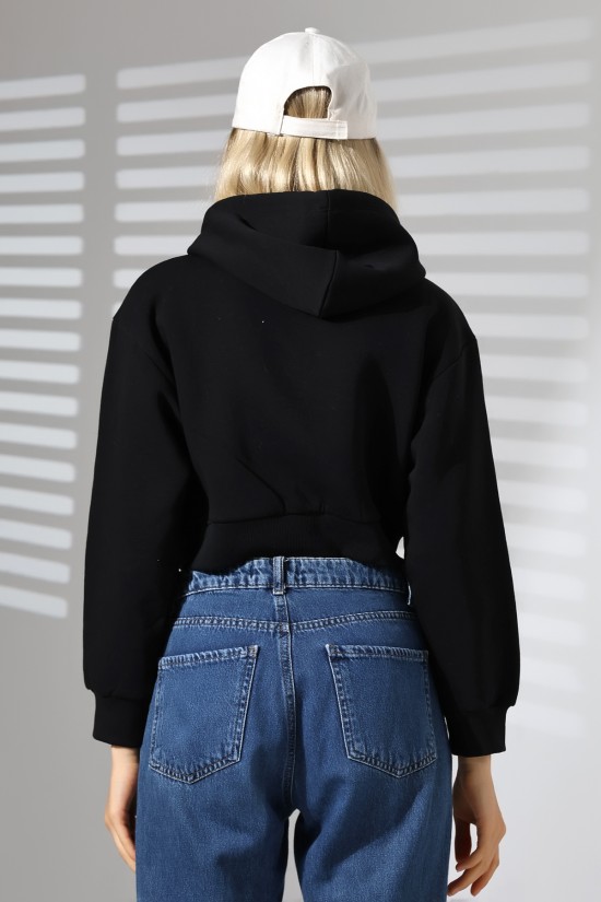 21652 KADIN 3 İP PENYE COMP. ŞARD. METAL FERMUARLI KAPŞONLU KANG CEPLİ GENİŞ SALAŞ KISA METAL FERM  SWETSHIRT