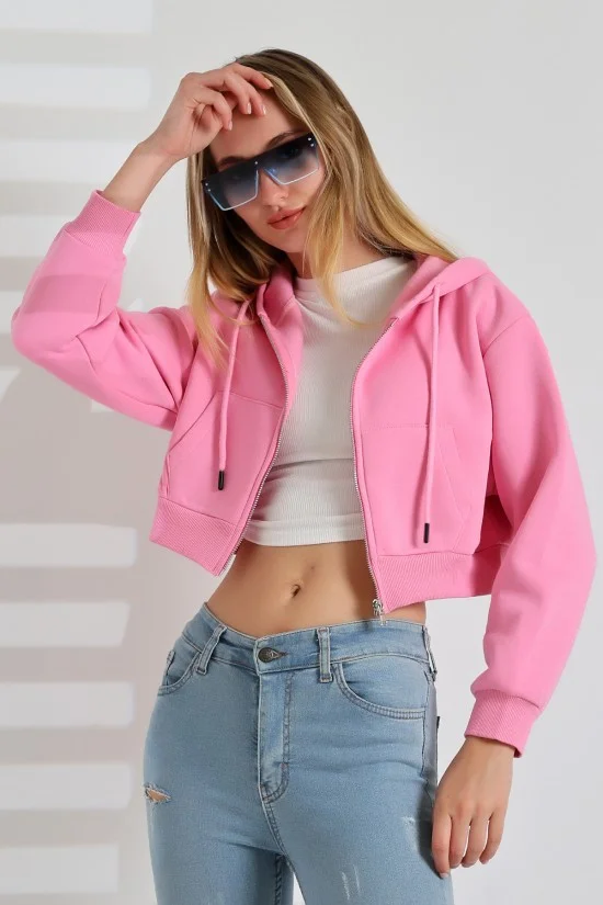 21652 KADIN 3 İP PENYE COMP. ŞARD. METAL FERMUARLI KAPŞONLU KANG CEPLİ GENİŞ SALAŞ KISA METAL FERM  SWEATSHIRT