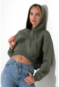 21968 KADIN 3 İP PENYE KOMPAKT ŞARDONLU SALAŞ ÖN ETEĞİ İÇE DOĞRU OVAL KAPŞONLU KANGURU CEPLİ SWEATSHIRT