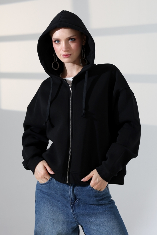 22211 KADIN 3 İP PENYE KOMPAKT  ŞARDONLU METAL FERMUARLI  YAN CEPLİ SALAŞ OVERSİZE KAPŞONLU SWEATSHIRT