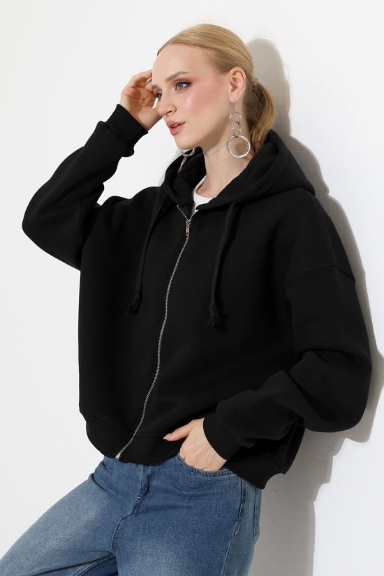 22211 KADIN 3 İP PENYE KOMPAKT  ŞARDONLU METAL FERMUARLI  YAN CEPLİ SALAŞ OVERSİZE KAPŞONLU SWEATSHIRT