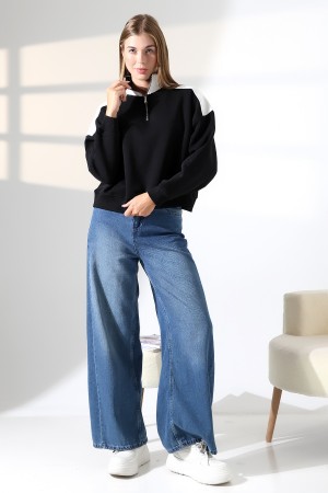 21963 KADIN 3 İP FERMUARLI KAMYONÖR GÖMLEK YAKA OMUZLARI VE YAKA GARNİLİ SALAŞ YANLARI KUPLU GENİŞ SWEATSHIRT