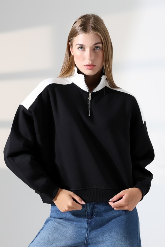 21963 KADIN 3 İP FERMUARLI KAMYONÖR GÖMLEK YAKA OMUZLARI VE YAKA GARNİLİ SALAŞ YANLARI KUPLU GENİŞ SWETSHIRT