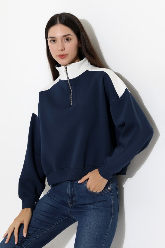 21963 KADIN 3 İP FERMUARLI KAMYONÖR GÖMLEK YAKA OMUZLARI VE YAKA GARNİLİ SALAŞ YANLARI KUPLU GENİŞ SWETSHIRT