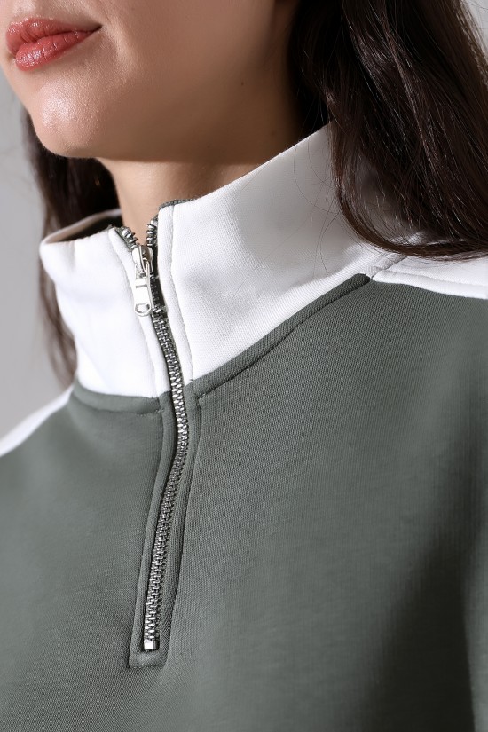 21963 KADIN 3 İP FERMUARLI KAMYONÖR GÖMLEK YAKA OMUZLARI VE YAKA GARNİLİ SALAŞ YANLARI KUPLU GENİŞ SWETSHIRT