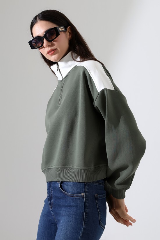 21963 KADIN 3 İP FERMUARLI KAMYONÖR GÖMLEK YAKA OMUZLARI VE YAKA GARNİLİ SALAŞ YANLARI KUPLU GENİŞ SWETSHIRT