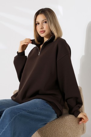 21622 KADIN METAL FERMUARLI KAMYONCU YAKA  PENYE KOMPAKT ŞARD.3 İP  SALAŞ OVERSİZE SWEATSHIRT