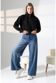 21967 KADIN 3 İP DİKYAKA KAMYON YARIM FERMUAR ETEK KAŞGORSESİ YIRTMAÇLI GENİŞ SWEATSHIRT