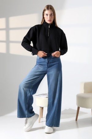 21967 KADIN 3 İP DİKYAKA KAMYON YARIM FERMUAR ETEK KAŞGORSESİ YIRTMAÇLI GENİŞ SWEATSHIRT