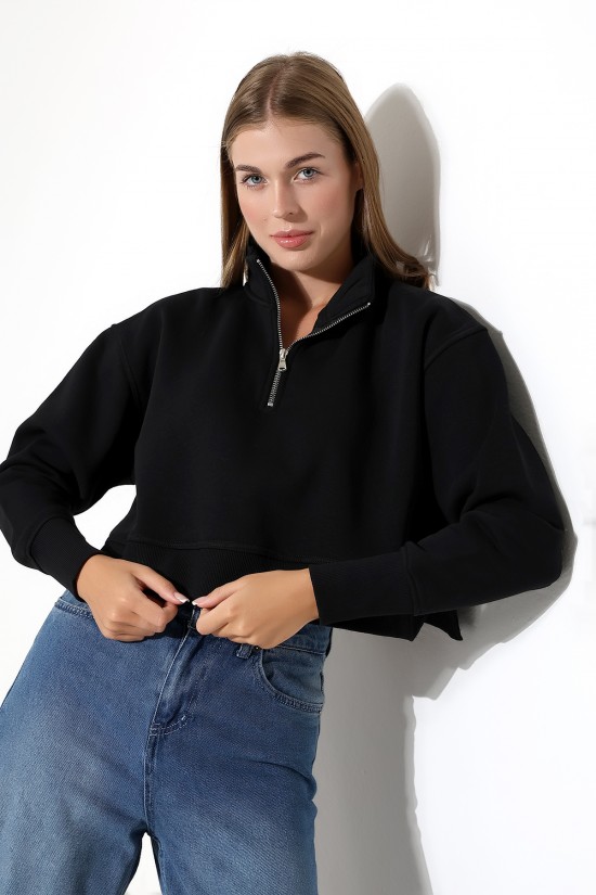 21967 KADIN 3 İP DİKYAKA KAMYON YARIM FERMUAR ETEK KAŞGORSESİ YIRTMAÇLI GENİŞ SWETSHIRT