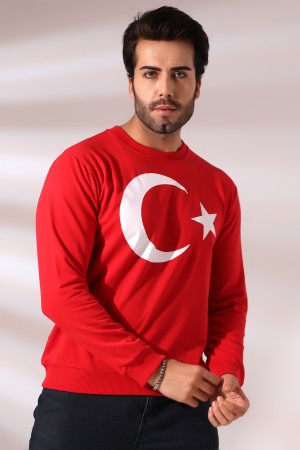 19156 TÜRK BAYRAK BASKILI BİSİKLET YAKA 2 İP ERKEK SWETSHİRT 