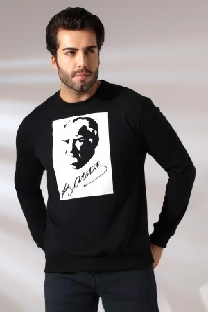 19157 K. ATATÜRK  BASKILI BİSİKLET YAKA 2 İP ERKEK SWETSHİRT 