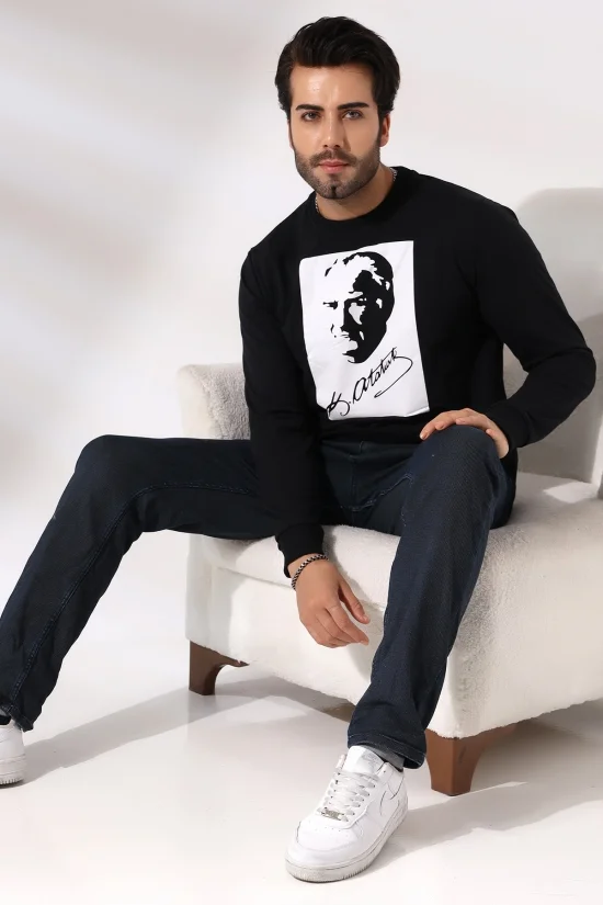 19157 K. ATATÜRK  BASKILI BİSİKLET YAKA 2 İP ERKEK SWETSHİRT 