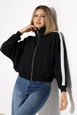 21954  KADIN 3 İP PENYE COMP. ŞARD.KOLLARI MİKROŞERİTLİ BOYDAN METAL FERMUARLI HAKİM YAKA FLOTA CEPLİ GENİŞ SALAŞ SWEATSHIRT