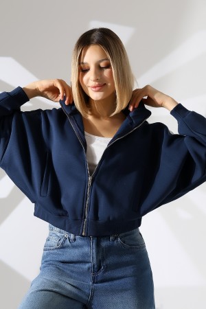 21954  KADIN 3 İP PENYE COMP. ŞARD.KOLLARI MİKROŞERİTLİ BOYDAN METAL FERMUARLI HAKİM YAKA FLOTA CEPLİ GENİŞ SALAŞ SWEATSHIRT