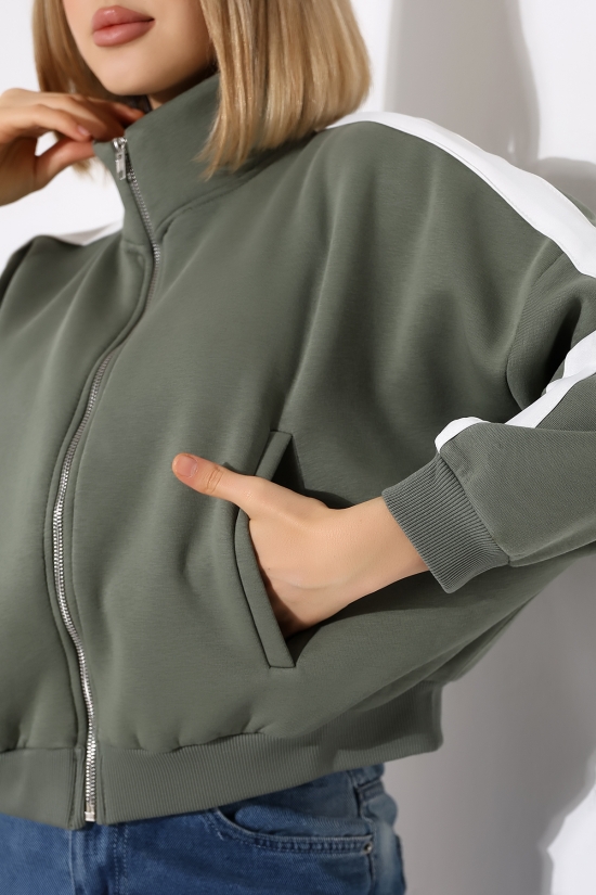 21954  KADIN 3 İP PENYE COMP. ŞARD.KOLLARI MİKROŞERİTLİ BOYDAN METAL FERMUARLI HAKİM YAKA FLOTA CEPLİ GENİŞ SALAŞ SWEATSHIRT