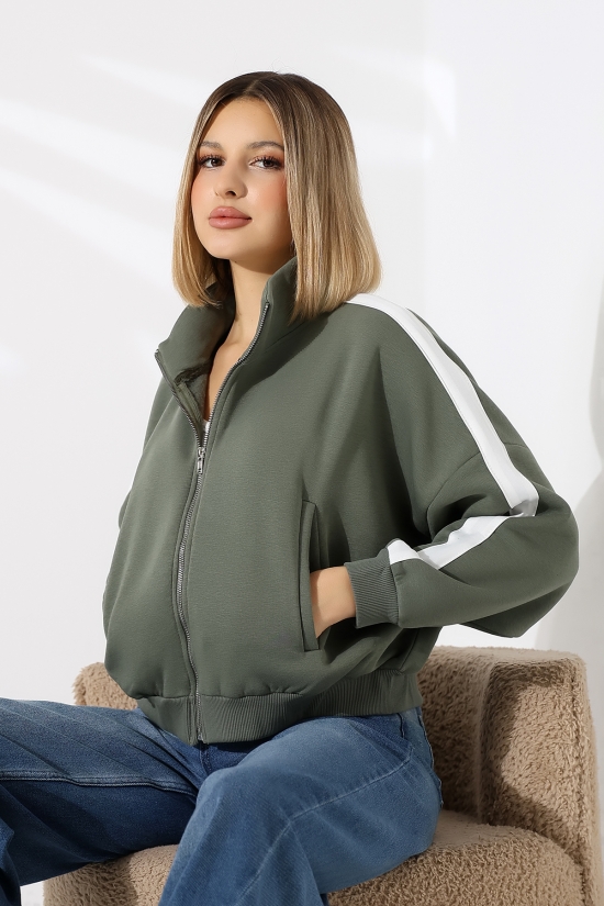 21954  KADIN 3 İP PENYE COMP. ŞARD.KOLLARI MİKROŞERİTLİ BOYDAN METAL FERMUARLI HAKİM YAKA FLOTA CEPLİ GENİŞ SALAŞ SWEATSHIRT