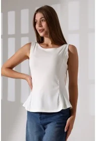 22070  KADIN KAYIK YAKA FULL LYC RİBANA YANLARI KUPLU PARÇALI ETEĞİ VOLANLI KOLSUZ TSHIRT 