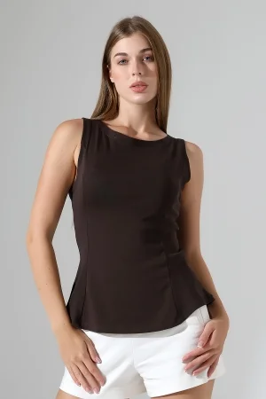 22070  KADIN KAYIK YAKA FULL LYC RİBANA YANLARI KUPLU PARÇALI ETEĞİ VOLANLI KOLSUZ TSHIRT 