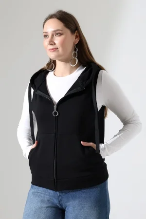 22172 KADIN DİAGONEL 3 İPLİK ŞARDONSUZ KOLSUZ KANGURU CEPLİ KAPŞONLU BOYDAN FERMUARLI HIRKA 