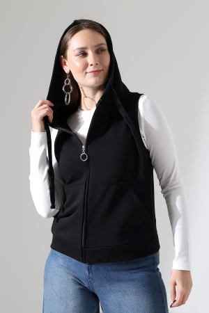 22172 KADIN DİAGONEL 3 İPLİK ŞARDONSUZ KOLSUZ KANGURU CEPLİ KAPŞONLU BOYDAN FERMUARLI HIRKA 