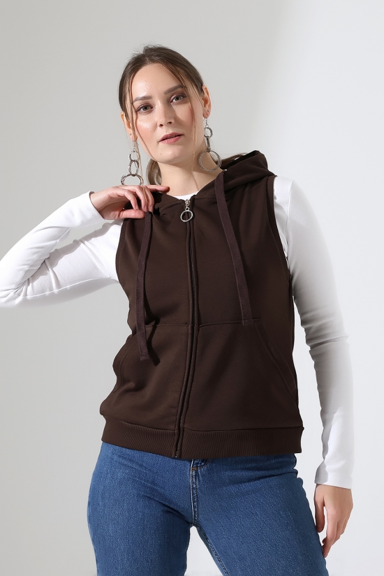 22172 KADIN DİAGONEL 3 İPLİK ŞARDONSUZ KOLSUZ KANGURU CEPLİ KAPŞONLU BOYDAN FERMUARLI HIRKA 