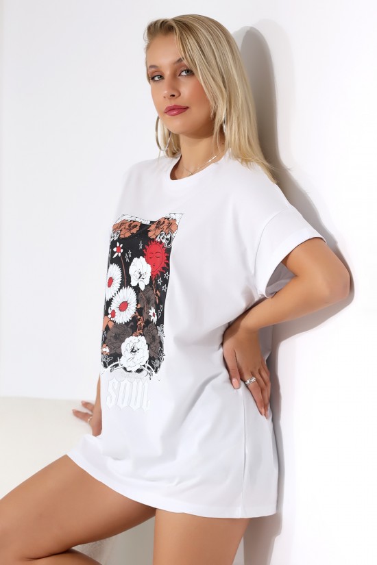 21227 SOUL GÜNEŞ ÇİCEK BASK  BAYAN OVER SİZE PAMUKLU KISA KOLU KATLAMALI BİSİKLET TUNİK TSHIRT
