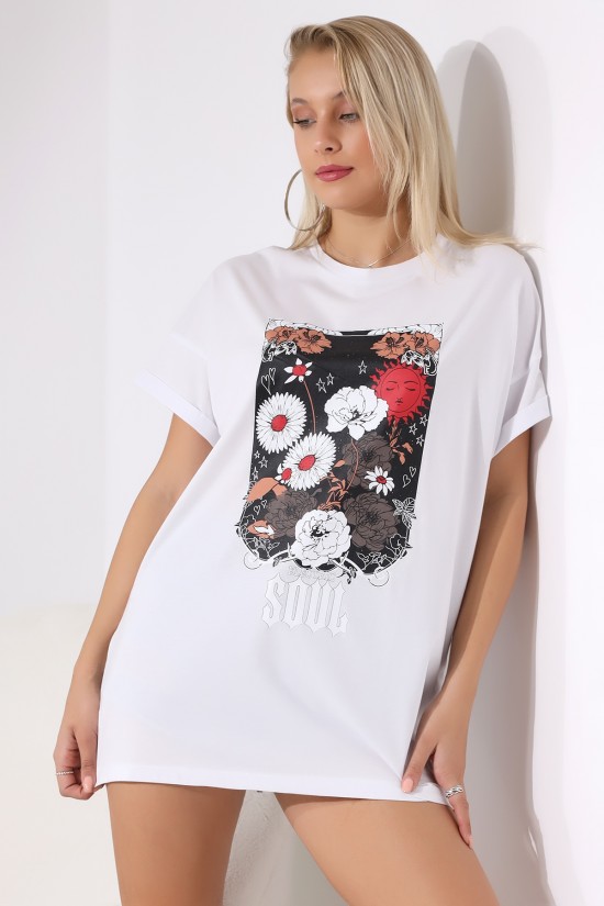 21227 SOUL GÜNEŞ ÇİCEK BASK  BAYAN OVER SİZE PAMUKLU KISA KOLU KATLAMALI BİSİKLET TUNİK TSHIRT