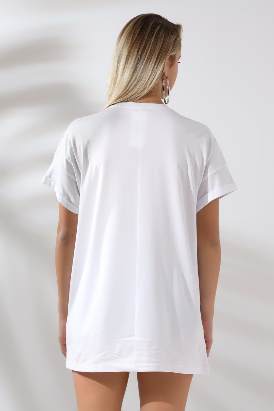 21227 SOUL GÜNEŞ ÇİCEK BASK  BAYAN OVER SİZE PAMUKLU KISA KOLU KATLAMALI BİSİKLET TUNİK TSHIRT