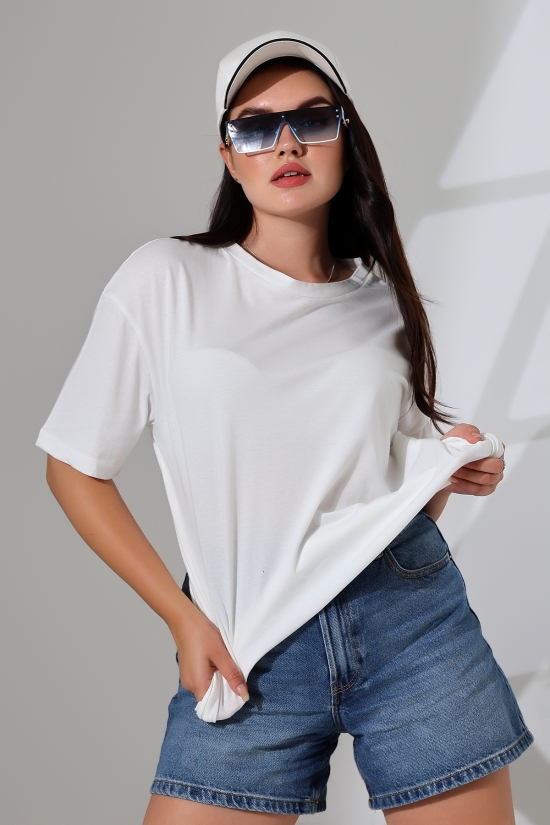 21752 KADIN OVERSİZE KOMPAKT PAMUKLU KISA KOL BİSİKLET TSHIRT